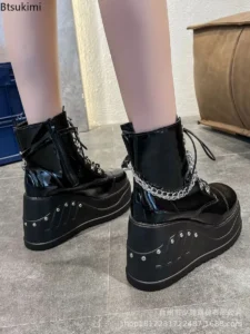 2024 Women's Fashion Boots Plus Size Black Zipper Lace Up Chain Wedge Platform Women Motorcycle Boots Girls Gothic Punk Shoes - Image 4