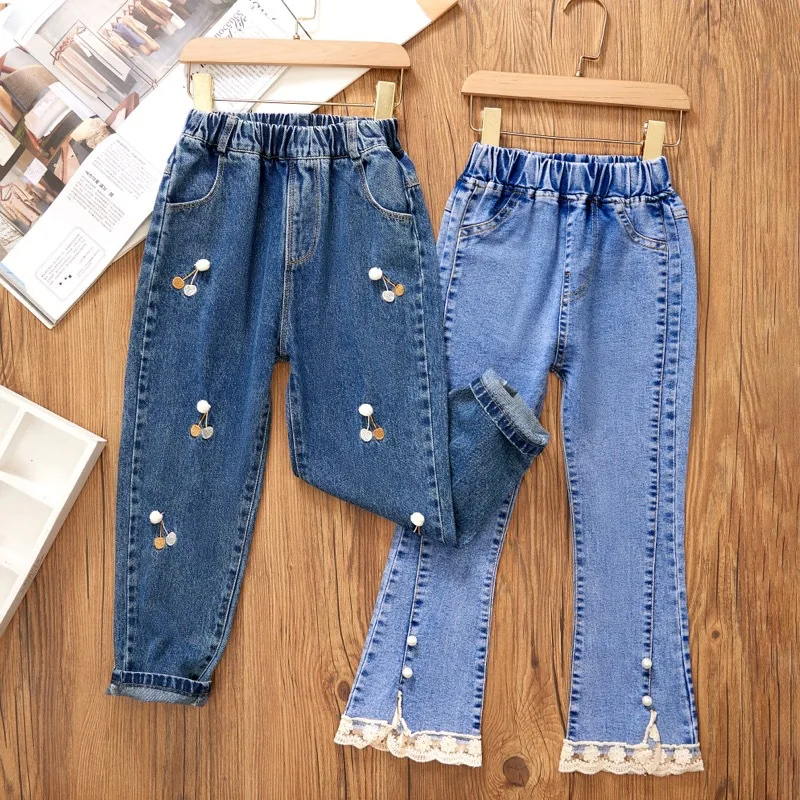 for 1-12 Years Girls Denim Pants Satin Lace Loose Wide-Legged Trousers Casual Flared Legs Britches Full Season Children's Wear