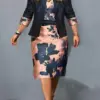 New Women Dress Sets Elegant Print Floral Higt Waist Wrapped Hip Dress and Solid Color Cardigan Tops 2 PCS Suit Office Lady Sets