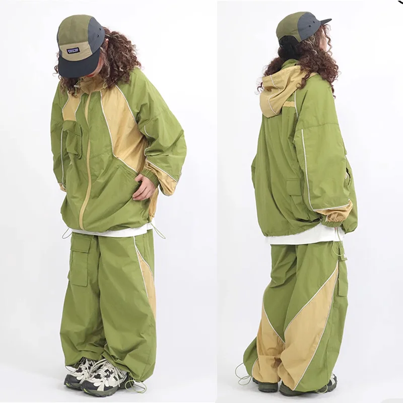 Unisex Vintage 90s Color-blocking Hip Hop 2 Piece Sets For Women Men Oversized Tracksuit Hooded Dance Jacket Joggers Sports Wear