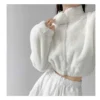 Deeptown White Cropped Fleece Jacket Women Korean Fashion Streetwear Warm Winter Short Fluffy Coats Long Sleeve Y2k Sweatshirts - Image 2