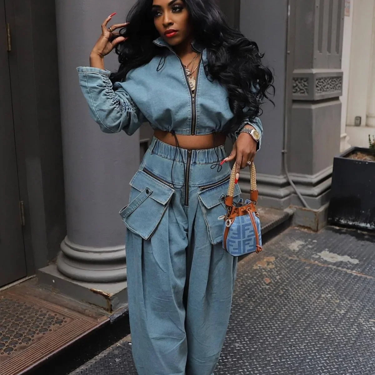 fashion retro women's casual wide leg loose heavy duty denim two-piece set for women two piece set women sexy club zevity