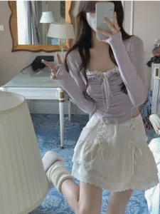 2023 Spring Basic Lace Y2k Crop Tops Woman Slim Pure Color Korean T-shirt Office Lady Casual Fashion Clothing Female Design - Image 5