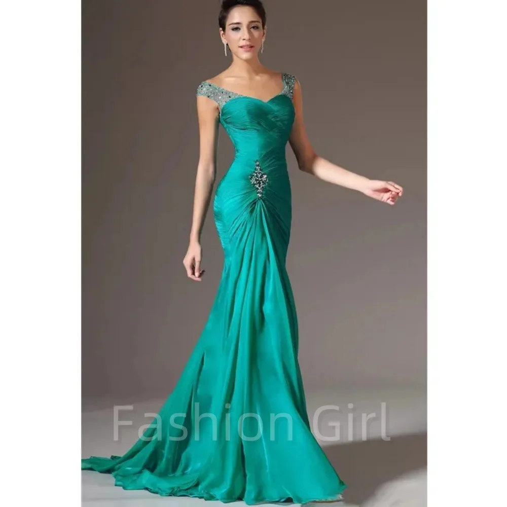 Vintage Green Sleeveless Chiffon Formal Party Gown Mermaid Reception Beaded Wear Floor Length Plus Size Evening Dress Robe - Image 2