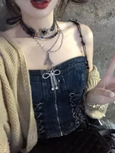 Summer Vintage Y2k Sleeveless Crop Tops Women Backless Sexy Party Denim Corset Women Bandage Korean Fashion Casual Vest 2023 New - Image 3