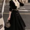 Elegant 2 Piece Dress Set Women Long Sleeve Crop Tops + Casual Black Midi Skirt 2022 Autumn Slim Retro Office Lady Korean Suits