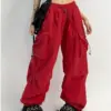 Deeptown Cyber Y2K Red Parachute Pants Women Kpop Streetwear Gray Cargo Trousers Oversized Egirl Punk Black Wide Leg Pantalones