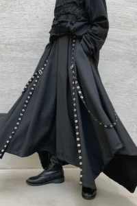 Men Ribbon Dark Black Wide Leg Pants Male Women Japan Punk Gothic Harem Trousers Kimono Skirt Pants - Image 6