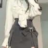 Japanese Elegant Chic Two Piece Set Women Bow Vintage Office Lady Skirt Suit Female Korean Hollow Out Tops＋A-line Skirt 2023 New