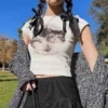 Women Tshirt Crop Top Cat Short Sleeve Summer Sexy Kawaii Harajuku Korean Fashion Y2k Streetwear Tees Vintage Aesthetic Clothing - Image 3