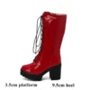 LeShion Of Chanmeb Chunky Square High-heeled Mid-calf Boots Women Round Toe Lace-up Zipper Platforms Goth Boots Gothic Shoes Red - Image 6