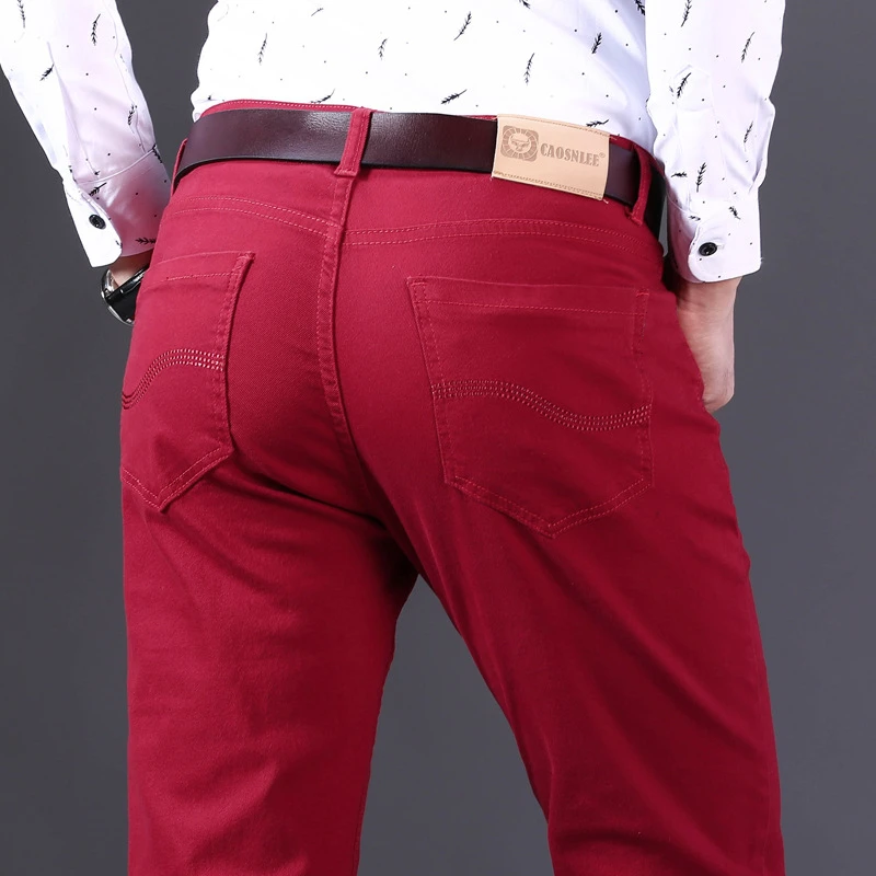 Classic Style Men's Wine Red Jeans Fashion Business Casual Straight Denim Stretch Trousers Male Brand Pants