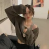 Deeptown Vintage Harajuku Sweatshirts Women Kpop Gyaru Off Shoulder Y2k Streetwear Hoodie Oversized Crop Tops Korean Fashion - Image 2