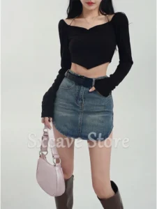 Black Y2k Crop Tops Women Backless Casual Long Sleeve Tees Pure Color T-shirts Office Lady Korean Knitted Bloused Female Sexy - Image 6