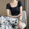 2023 Fashion sexy slim Knit Short Sleeve T Shirt 4XL 5XL Chic Solid Square Collar hip hop streetwear Summer Blouses For Women - Image 5