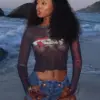 Cutenew Mesh Trend Print T-shirts Women Sexy See Through Long Sleeve O-neck Stunning Summer Skinny Tees Female Holiday Wild Top