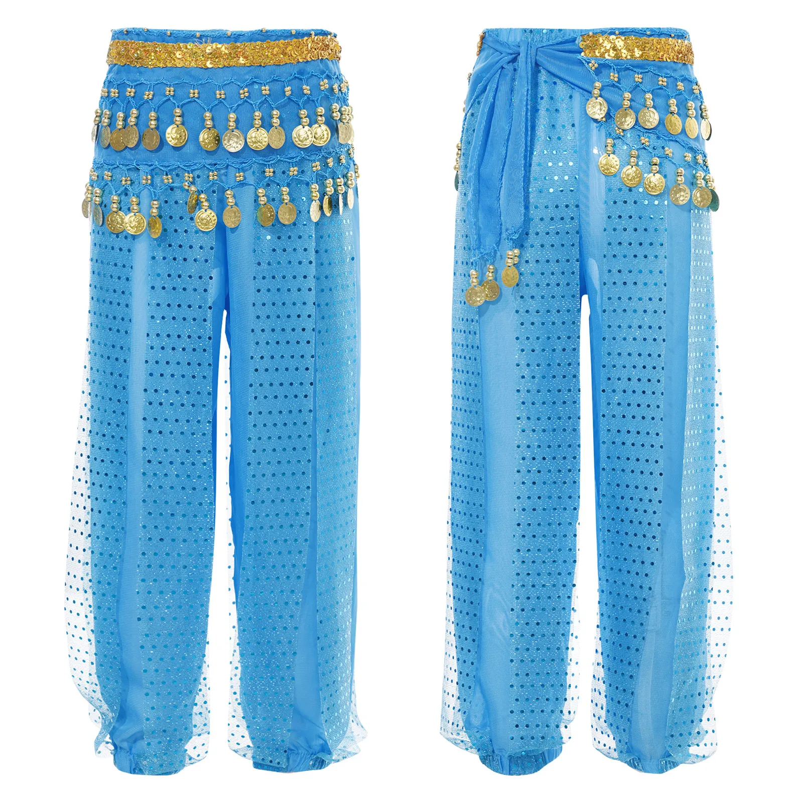 Kids Girls Belly Dance Pants India Arabian Princess Performance Costume Children Trousers Bloomers Harem Pants with Hip Scarf