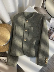 Korean Y2k Chic Female Tweed Basic Jacket For Women Coat Spring Autumn O Neck Long Sleeve Woolen Short Outerwear Female - Image 4