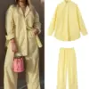 Striped Shirt Pants Women Set Casual Turn-down Collar Single Breasted Shirts Wide Leg Trousers 2024 Summer Yellow Lady Outfit