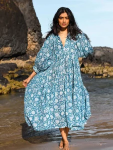 India Traditional Midi Dress Summer Block Print Elegant A-Shape Pleated Women Dresses Dubai Luxury Kurta Lantern Sleeve Vestidos - Image 6