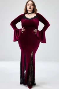 Women's Gothic Punk Velvet Plus Size Dress Flare Sleeve Split Hem Lace Splice Halloween Party Sexy Vintage Spring Long Dresses - Image 3
