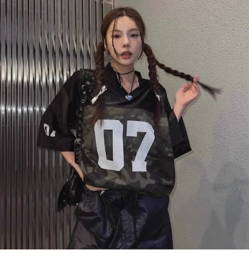 Ladies No.07 Retro Hip-Hop Sweatshirt Short-Sleeved T-shirt 2024 New High Street American short-sleeved Top Trend Summer Clothes