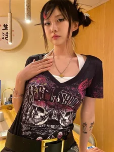 2024 Punk Summer Vintage Y2k Aesthetic Women T-shirt Slim Letter Print Harajuku V Neck Tee Shirts Femme Korean Grunge Sexy Top - Image 3
