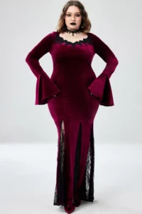 Women's Gothic Punk Velvet Plus Size Dress Flare Sleeve Split Hem Lace Splice Halloween Party Sexy Vintage Spring Long Dresses - Image 2