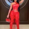 Akaily Red Faux Leather Tassel Pants Suits 2 Two Piece Set Summer Vacation Night Club Outfits For Women 2023 Black Y2k Pant Sets