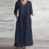 Cotton Linen Loose Long Dresses For Women 2024 Spring Autumn New Casual Half Sleeves V-neck Maxi Dress Simple Style Lady Vestido - Image 3