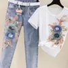 [EWQ] Korean Casual Embroidered Short Sleeve T-shirt Top Full Length Jeans Two Pieces Set For Women 2024 Spring Summer