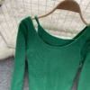 Y2K Korean Fashion Irregular Top Women O Neck Off Shoulder Long Sleeve T-shirt High Waist Solid Color T-shirts Dropshipping - Image 5