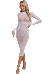 Womens See Though Skinny Dress Lingerie High Stretchy Glossy Bodycon Dress Long Sleeve Sleeveless Dating Club Rave Party Clothes - Image 5