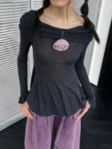 Yedinas Vintage T Shirt Women Clothes Long Sleeve Off Shoulder Korean Fashion Flower Y2k Tees Ladies Tops Autumn Chic Tshirts - Image 3