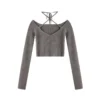 Long Sleeve Sweaters Off Shoulder Y2k Aesthetic Fairy Grunge Grey Cropped Sling Tops Korean Style Kittted Hotsweet Clothing - Image 6