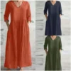 Cotton Linen Loose Long Dresses For Women 2024 Spring Autumn New Casual Half Sleeves V-neck Maxi Dress Simple Style Lady Vestido - Image 4