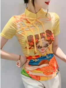 #7032 3D Print Mesh T Shirt Women Short Sleeve Vintage Chinese Style Skinny Vintage Tshirt Female Stand Collar Sexy Thin Summer - Image 4