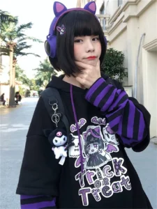 Harajuku Anime Hoodies Alt Kawaii Girls Fake Two Piece Top Striped Long Sleeve Y2k Pullover BF Korean Japanese Sweatshirt Teens - Image 3