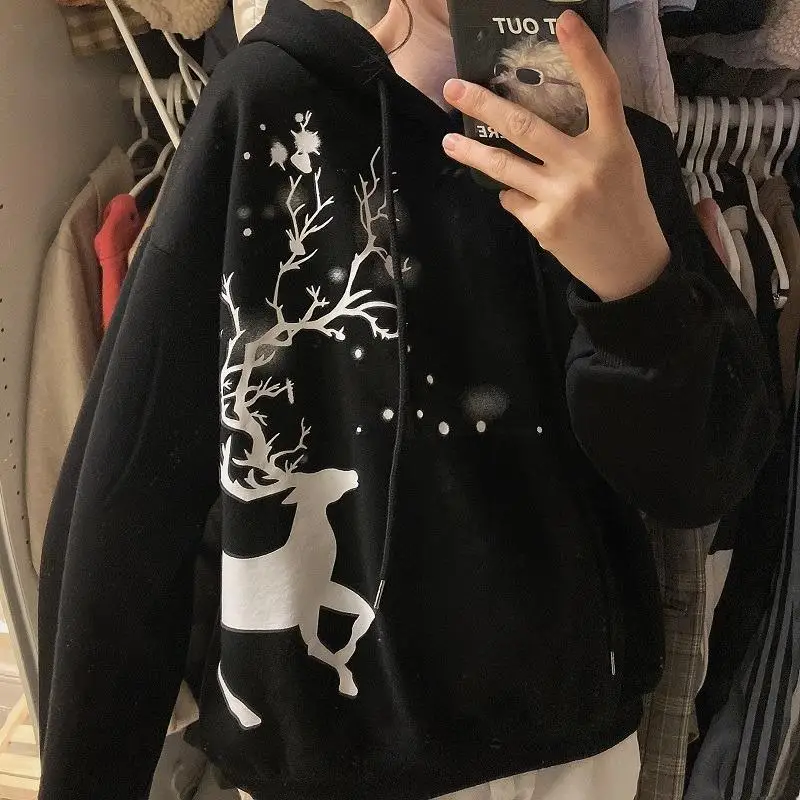Christmas Printing Korean Loose Pullovers Femme Long Sleeve Drawstring New Streetwear Hooded Sweatshirts Women's Clothing 2023