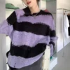 Korean Style Y2K Striped Purple Sweater Women Kpop Hippie Hollow Out Oversize Blue Knitted Top Harajuku Vintage Jumper - Image 3