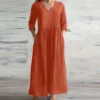 Cotton Linen Loose Long Dresses For Women 2024 Spring Autumn New Casual Half Sleeves V-neck Maxi Dress Simple Style Lady Vestido - Image 2