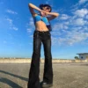 India Punk Vintage Low Rise Flared Jeans with Pockets Goth Streetwear Full Length Blue woman jeans Y2K Retro Chic Pants Fall - Image 3
