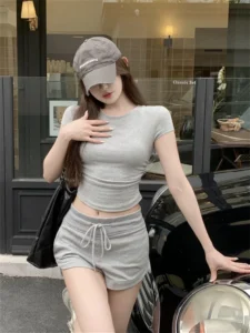 Girls Sweet Sexy Elastic Slim Fit Knitted Short Sleeve Tops Korean Street Wear Hip hop dancing Short T-shirt Large Basic T-shirt - Image 2