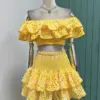 Summer Holiday Embroidery 2 Pieces Sets Women Slash Neck Layered Ruffles Elastic Cut Out Top+Mini Skirt Suits Hollow Out Outfits