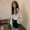 Deeptown Vintage Harajuku Sweatshirts Women Kpop Gyaru Off Shoulder Y2k Streetwear Hoodie Oversized Crop Tops Korean Fashion - Image 6