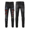 Men's Red Rhinestone Splicing Hole Breaking Black Jeans Street Stretch Flap Patch Graffiti Slim Skinny Pants A8616 - Image 3