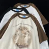 2023 Vintage Brown Raglan Sleeve Oversized T Shirts Cute Cats Printed Cotton Material Summer Tops Y2K Harajuku Korean Streetwear - Image 4