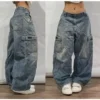 Y2k retro Korean fashion JNCO jeans female retro pattern embroidery loose high waist Korean street wear female Gothic pants - Image 4