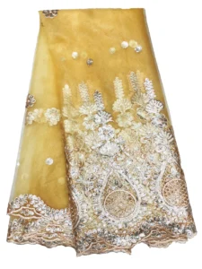 Green and Gold Sequined African French Mesh Net Lace Fabric for India Evening Party Dress Fabrics 2024 New Nigeria Sequins Voile - Image 4