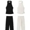 TRAFZA 2024 Fashion Women Sexy Backless Sleeveless Ruched Textured Halter Neck Top+Elastic Waist Wide Leg Pant 2 Piece Set